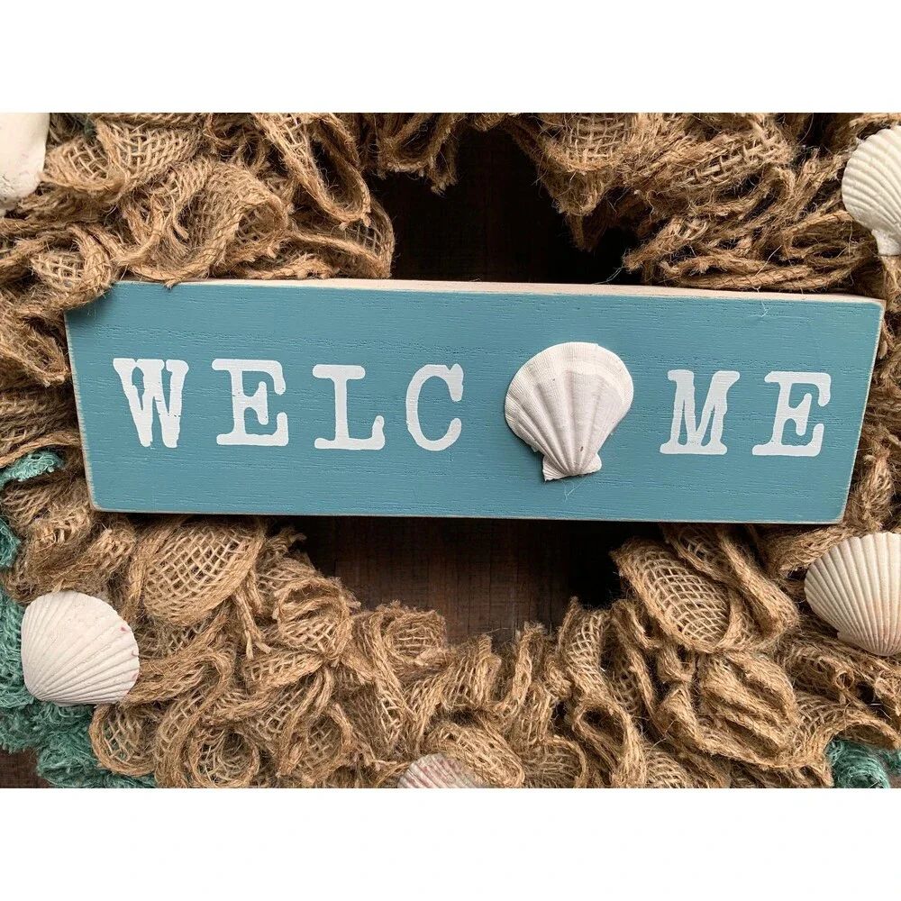Beachy Coastal WELCOME Wreath Ruffle Aqua/Natural Bulap & Seashells Handmade New